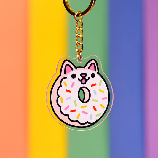 Rainbow Sprinkle Donut Cat Keychain