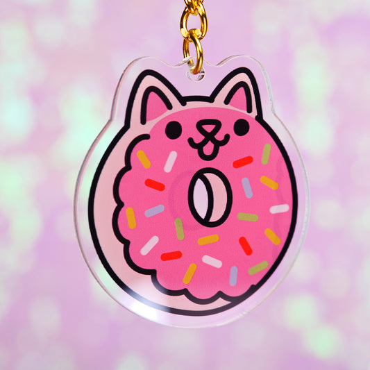 Strawberry Rainbow Sprinkle Donut Cat Keychain