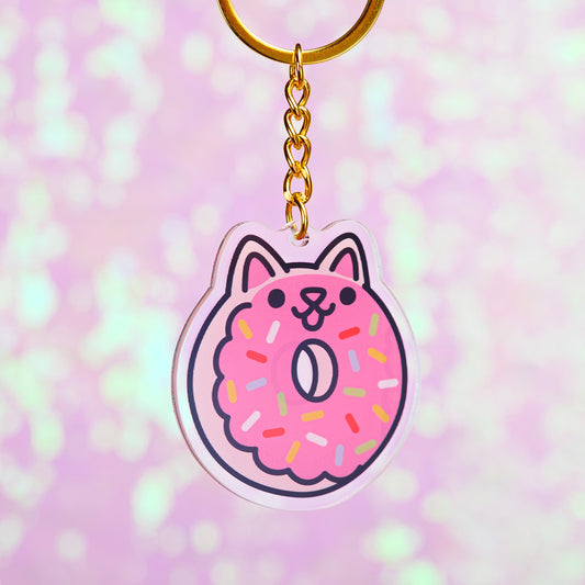 Strawberry Rainbow Sprinkle Donut Cat Keychain